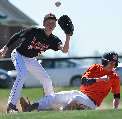 Loramie sophomore Ethan Pleiman waits for a throw that was too late to nip a sliding Wildcat runner.