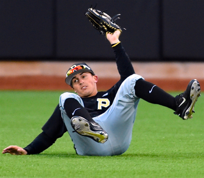Purdue right fielder Alec Olund comes up with a diving play to rob Noah McGowan of a hit in the sixth inning.