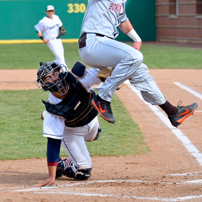 UD's catcher - Bailey Montoya air tags Bowling Green player.