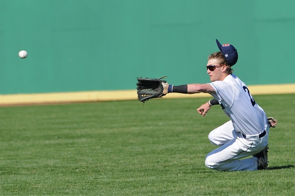 Flyers' right fielder Robbie Doring lost his hat but made a sliding catch of this first-inning line drive.