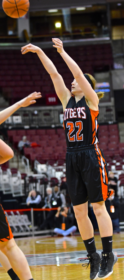 The Tigers started well on made three-pointers, here one by Kamryn Elchert.