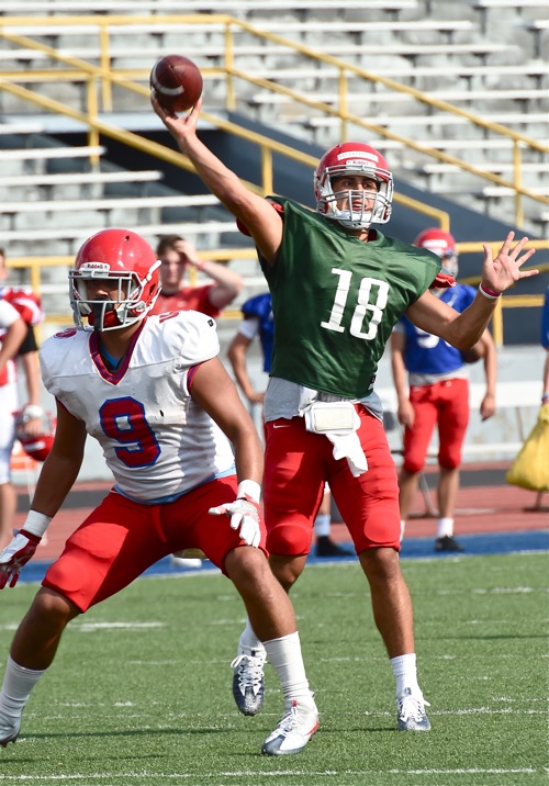 Prepping for duty...backup quarterback Kyle Kaparos cuts loose during Saturday's scrimmage. Kaparos is competing to fill in for injured starter, Alex Jeske.