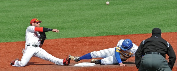 Backside Double Play?  Degree of difficulty made it impossible for second baseman L Grant Davis to complete this double play in the seventh inning.