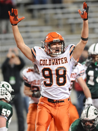For a moment it seemed possible...a fifth straight title for Coldwater.  Zach Klosterman celebrated  Dylan Thobe's go-ahead TD in the fourth quarter.