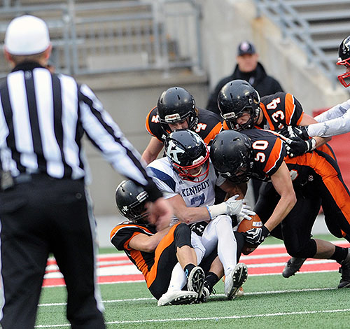 Clearly a fumble in the second quarter, the officials said that JFK's Evan Boyd was down by contact.