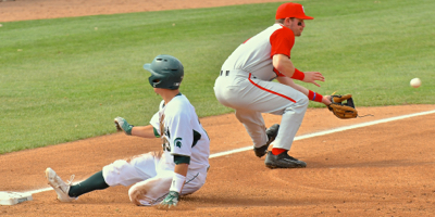 A Spartan's hit to right field didn't quite make the out at third base for the Buckeyes.
