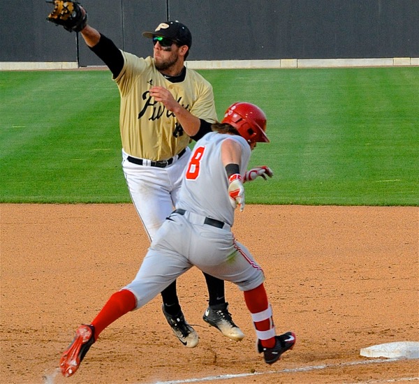 OSU's Troy Montgomery hustles out a hit during the Bucks' Friday sweep at Purdue.