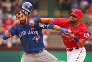 Just to make it interesting...carryover of the fight earlier this year between Joey Bautista (Toronto) and Rougned Odor (Texas).  That series begins Thursday.