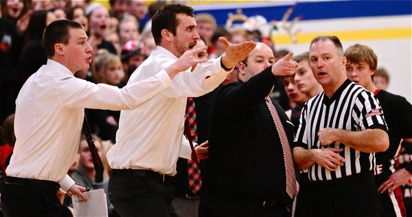 How did you not see that?  Loramie coach Corey Britton and his staff had some questions for referee Ed Huey.