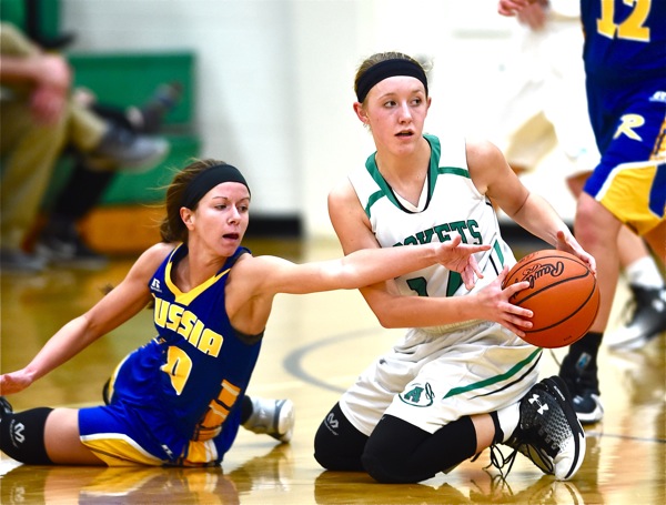 Second half defense was better...Russia's Tiffany Hatcher challenges Anna's Breah Kuck for a loose ball.