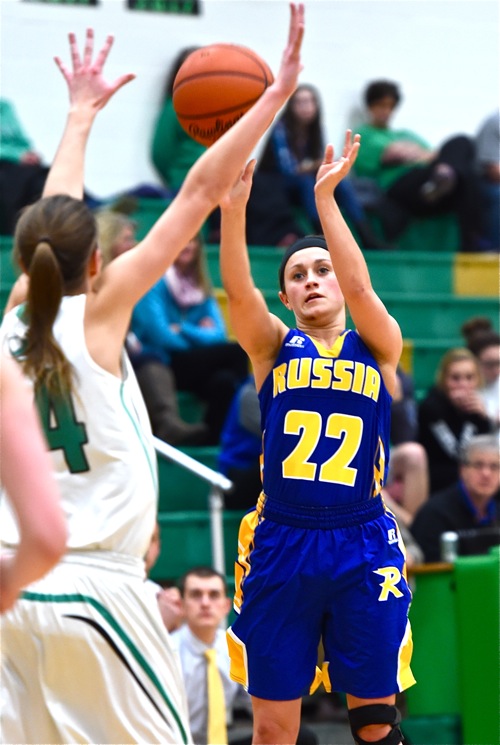 Whitney Pleiman launches one of her two fourth quarter three pointers in the Raiders' Monday win.