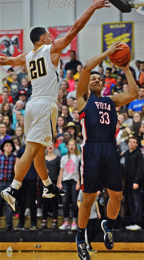 Andre Gordon threatens the shot of Piqua's Tyren Cox in Tuesday's GWOC matchup in Sidney