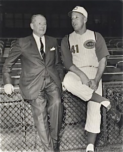 Prior to Al Michaels, the best-known Reds broadcaster was hall-of-famer Waite Hoyt, shown here with Joe Nuxhall in about 1964.
